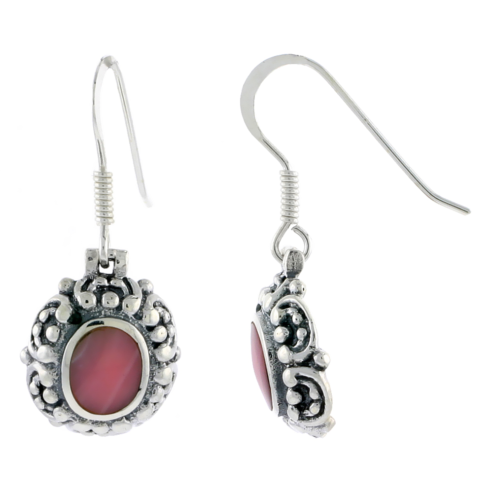 Sterling Silver Oxidized Hook Earrings, w/ 8 x 6 mm Oval-shaped Pink Mother of Pearl, 9/16&quot; (14 mm) tall