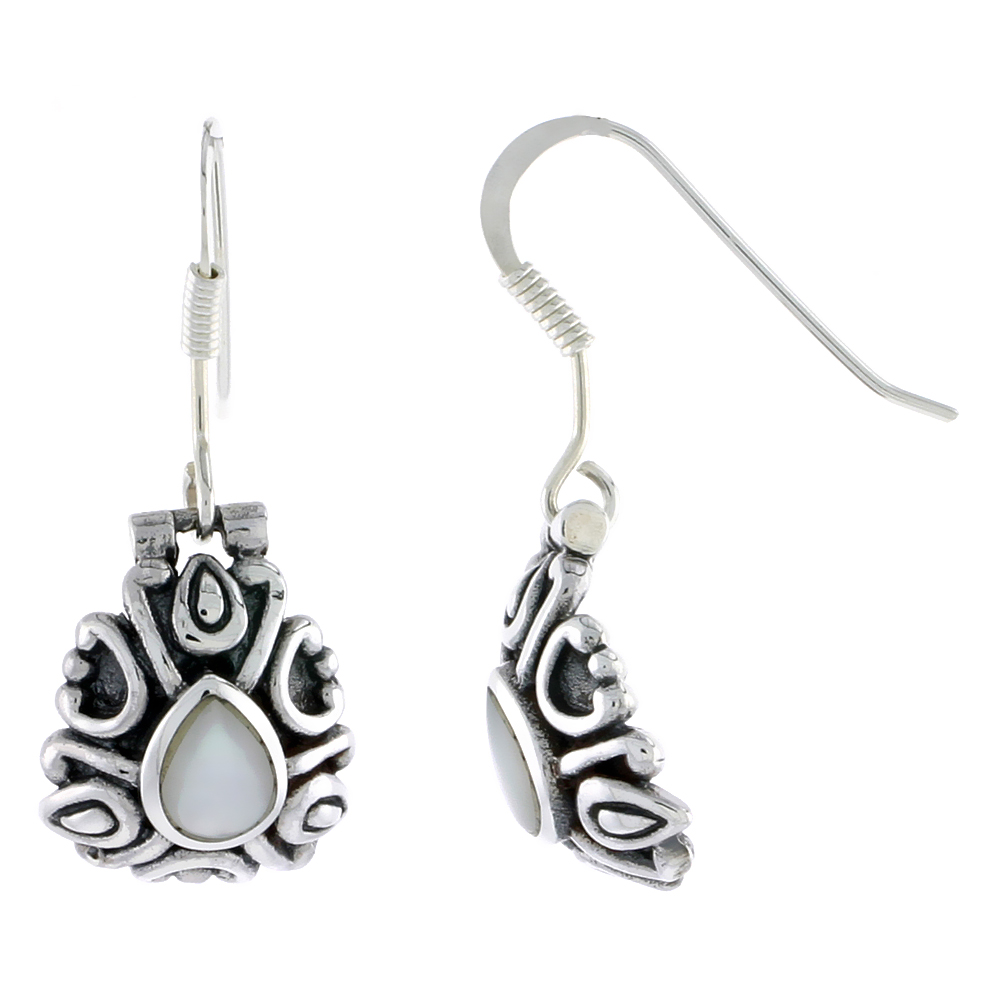 Sterling Silver Oxidized Hook Earrings, w/ 6 x 5 mm Pear-shaped Mother of Pearl, 5/8&quot; (17 mm) tall