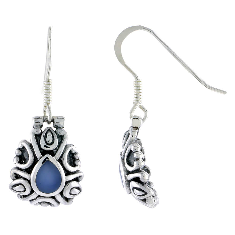 Sterling Silver Oxidized Hook Earrings, w/ 6 x 5 mm Pear-shaped Blue Resin, 5/8" (17 mm) tall