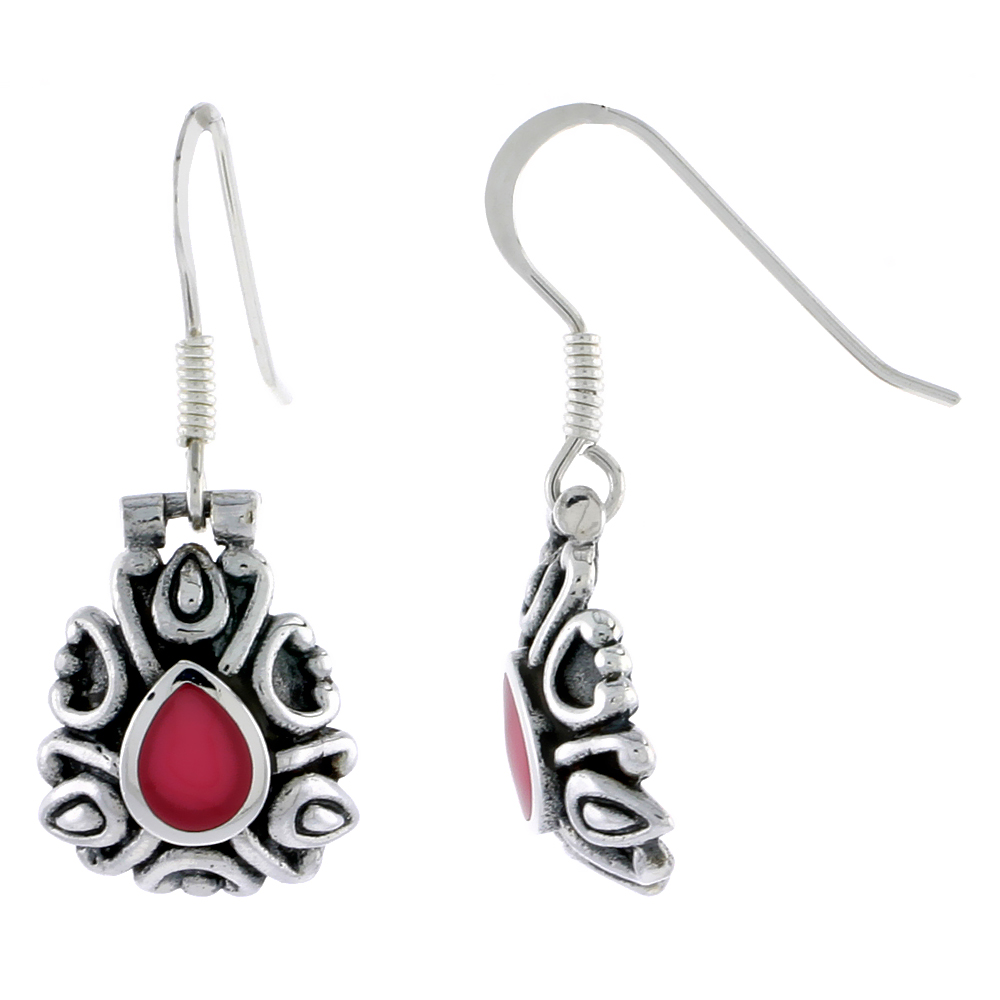 Sterling Silver Oxidized Hook Earrings, w/ 6 x 5 mm Pear-shaped Red Resin, 5/8&quot; (17 mm) tall
