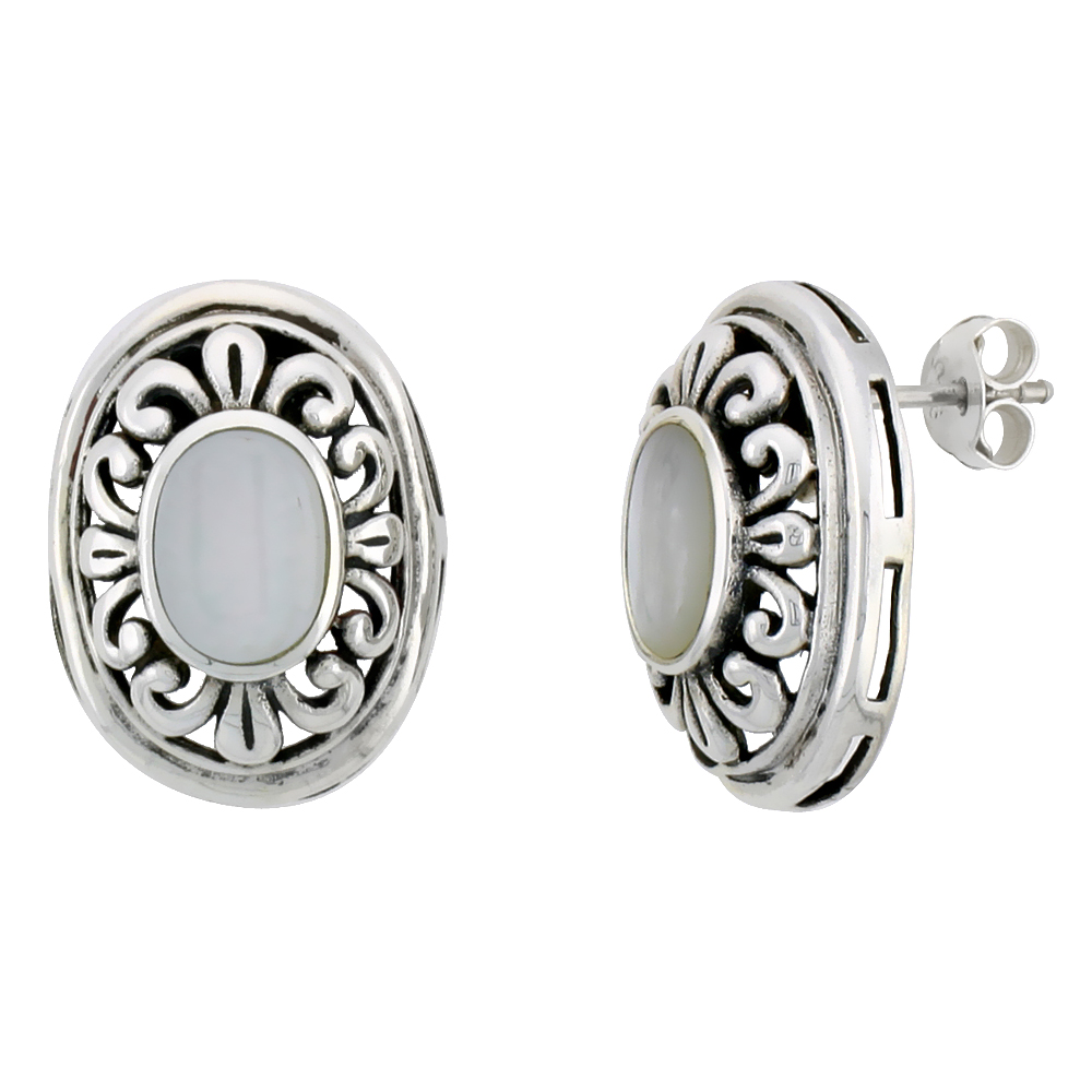 Sterling Silver Oxidized Post Earrings, w/ 9 x 7 mm Oval-shaped Mother of Pearl, 3/4" (19 mm) tall
