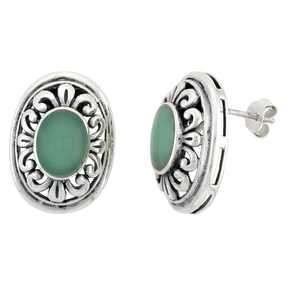 Sterling Silver Oxidized Post Earrings, w/ 9 x 7 mm Oval-shaped Green Resin, 3/4" (19 mm) tall
