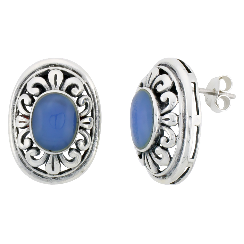 Sterling Silver Oxidized Post Earrings, w/ 9 x 7 mm Oval-shaped Blue Resin, 3/4" (19 mm) tall