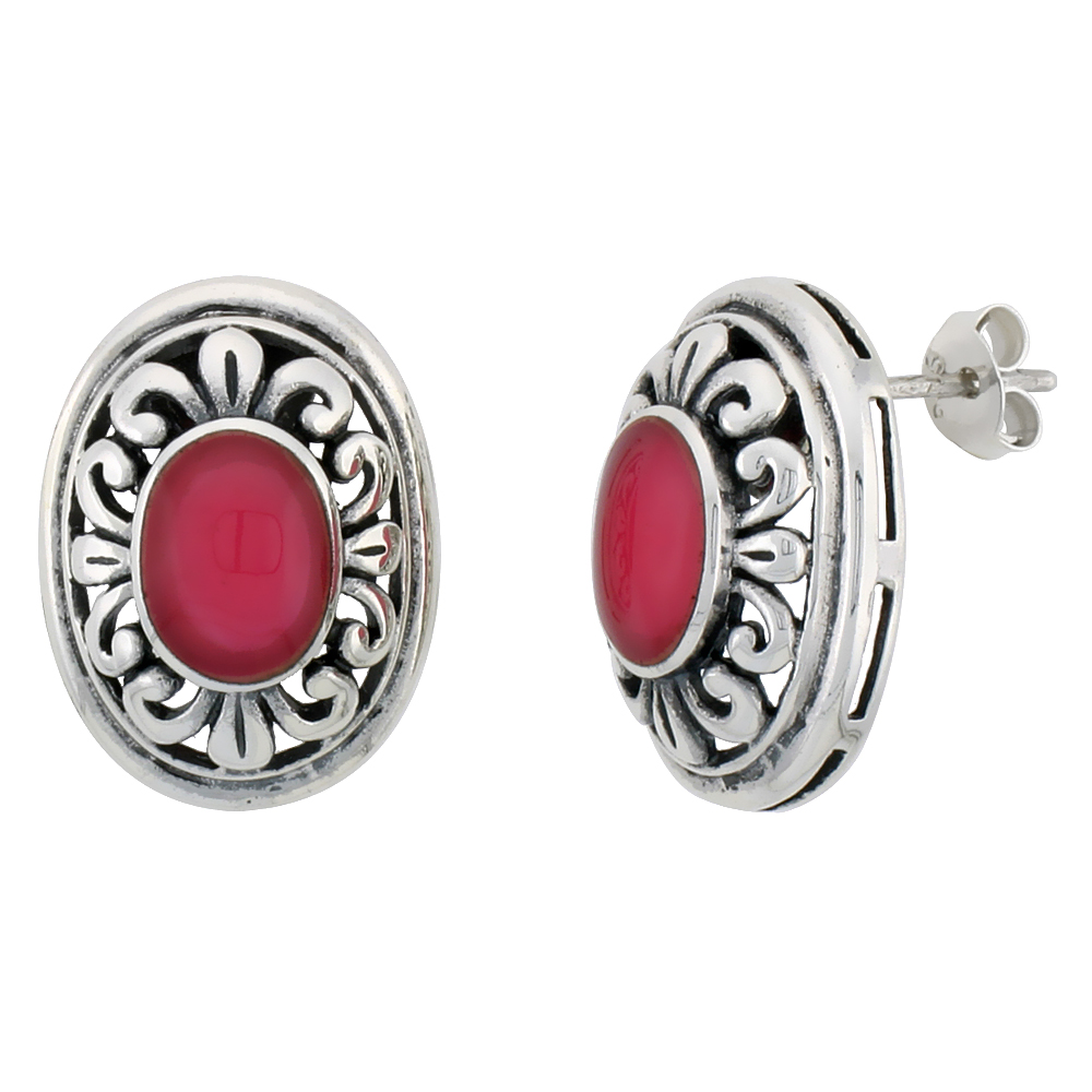 Sterling Silver Oxidized Post Earrings, w/ 9 x 7 mm Oval-shaped Red Resin, 3/4" (19 mm) tall