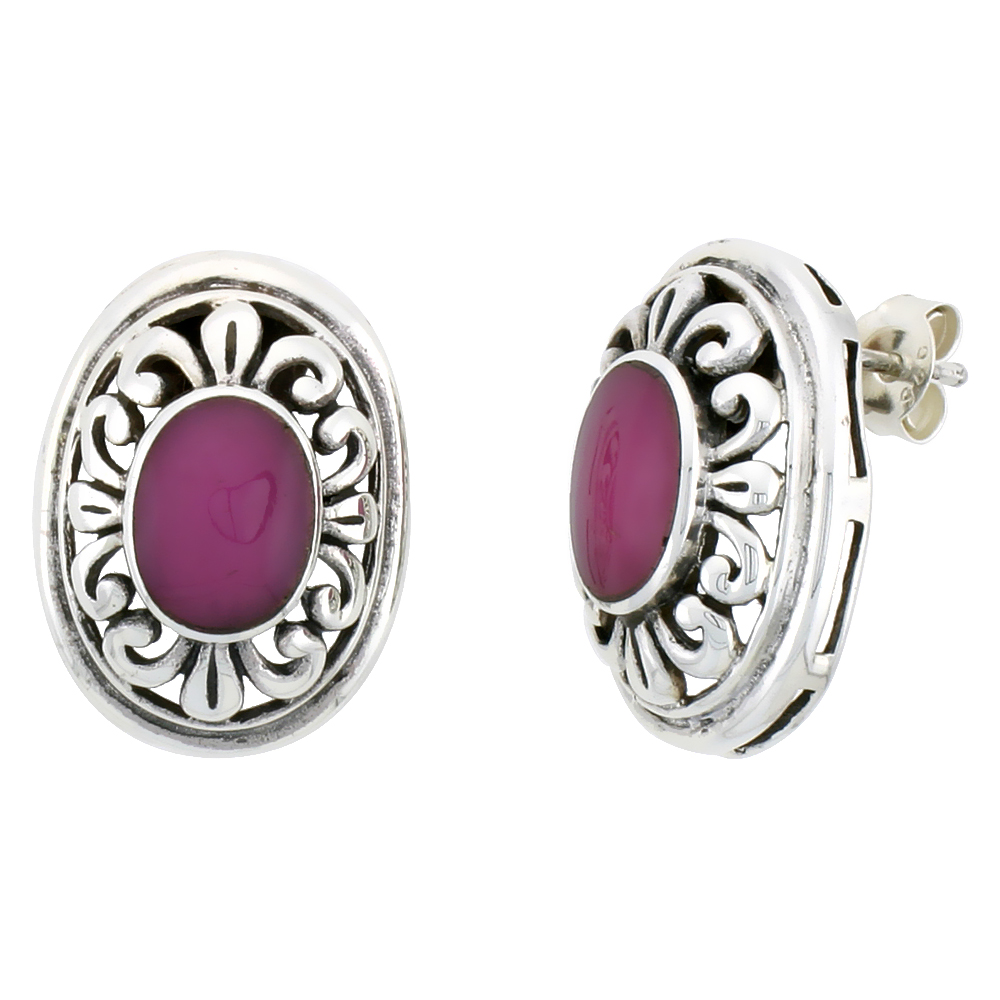 Sterling Silver Oxidized Post Earrings, w/ 9 x 7 mm Oval-shaped Purple Resin, 3/4" (19 mm) tall