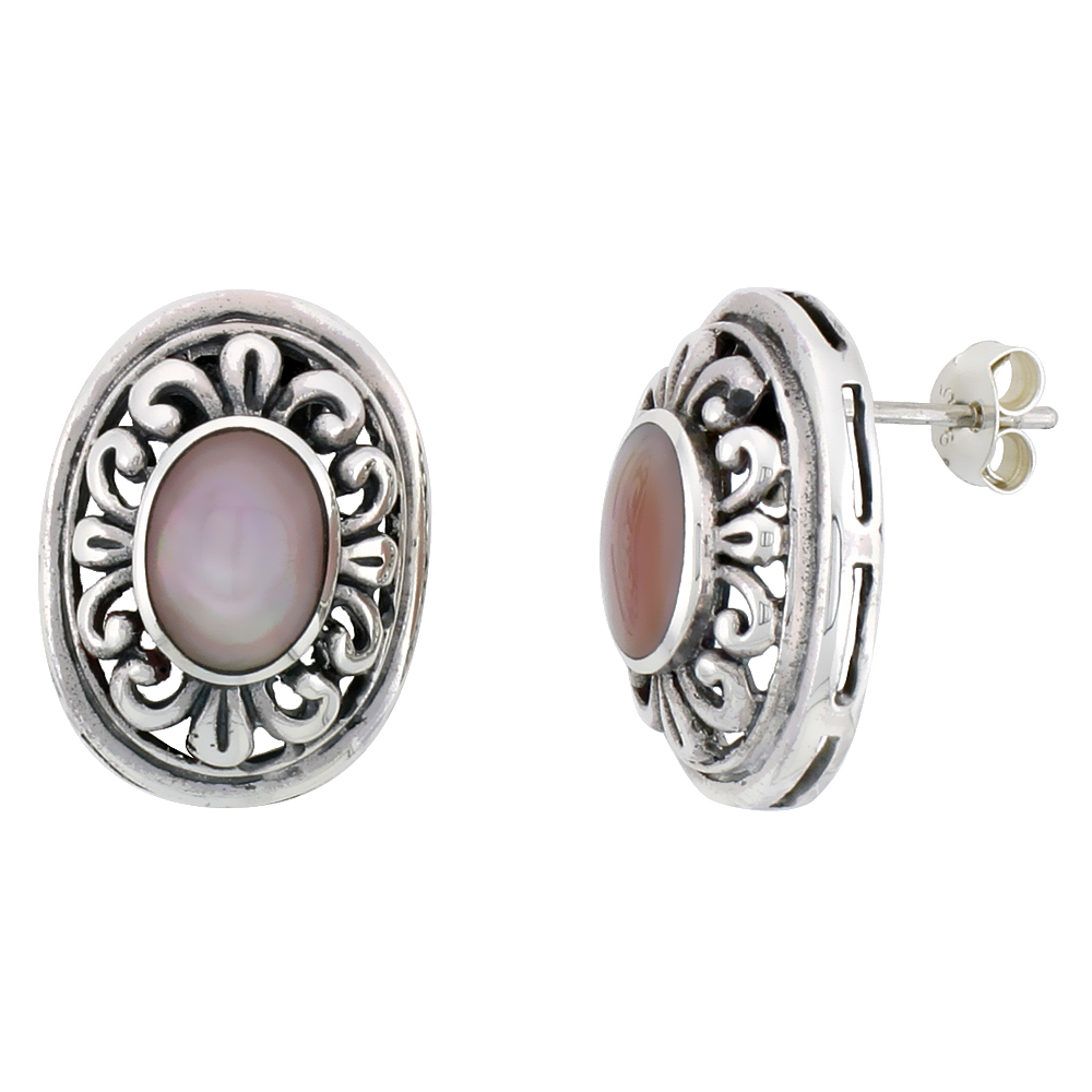 Sterling Silver Oxidized Post Earrings, w/ 9 x 7 mm Oval-shaped Pink Mother of Pearl, 3/4" (19 mm) tall