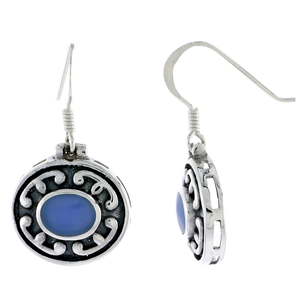 Sterling Silver Oxidized Hook Earrings, w/ 8 x 6 mm Oval-shaped Blue Resin, 9/16" (14 mm) tall