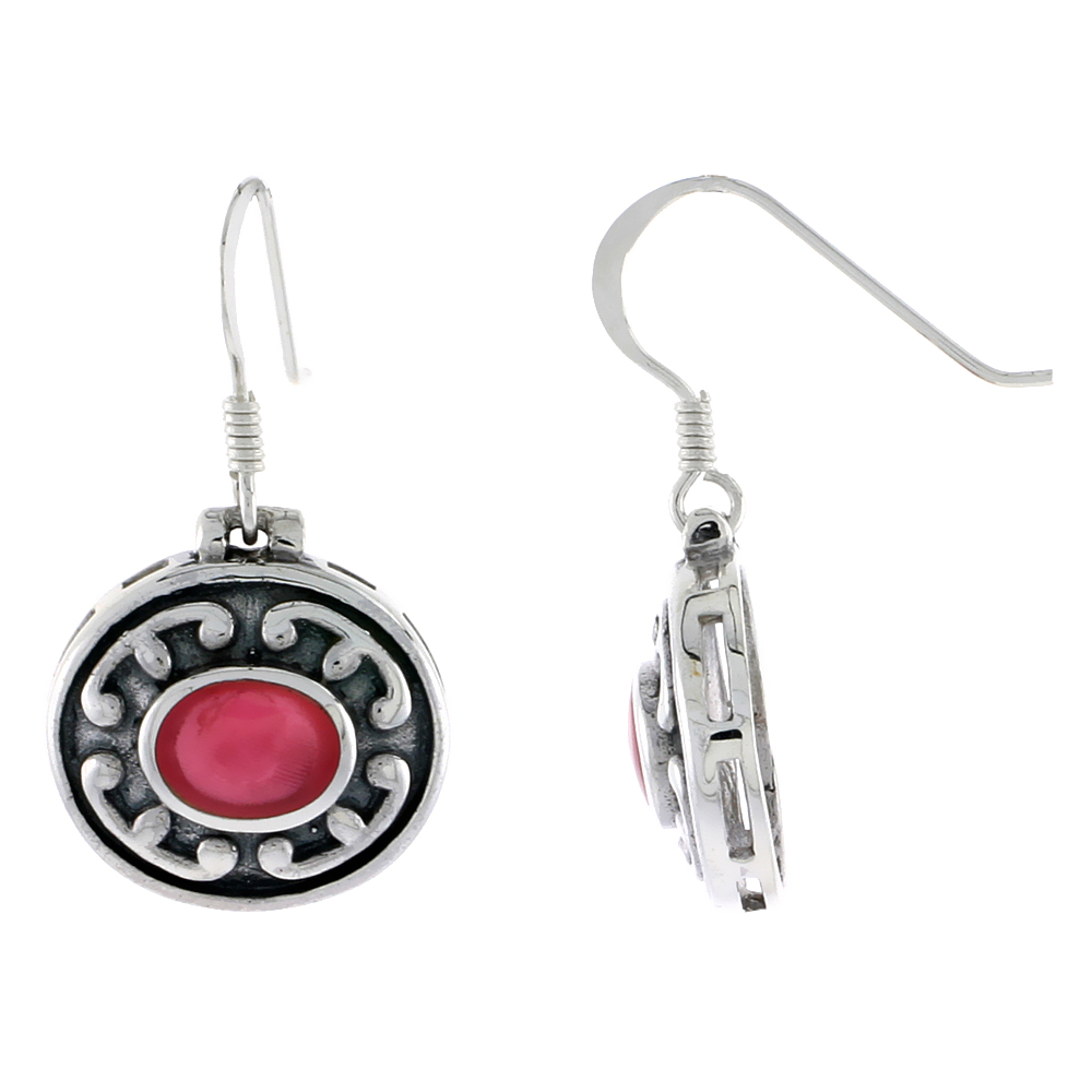 Sterling Silver Oxidized Hook Earrings, w/ 8 x 6 mm Oval-shaped Red Resin, 9/16" (14 mm) tall