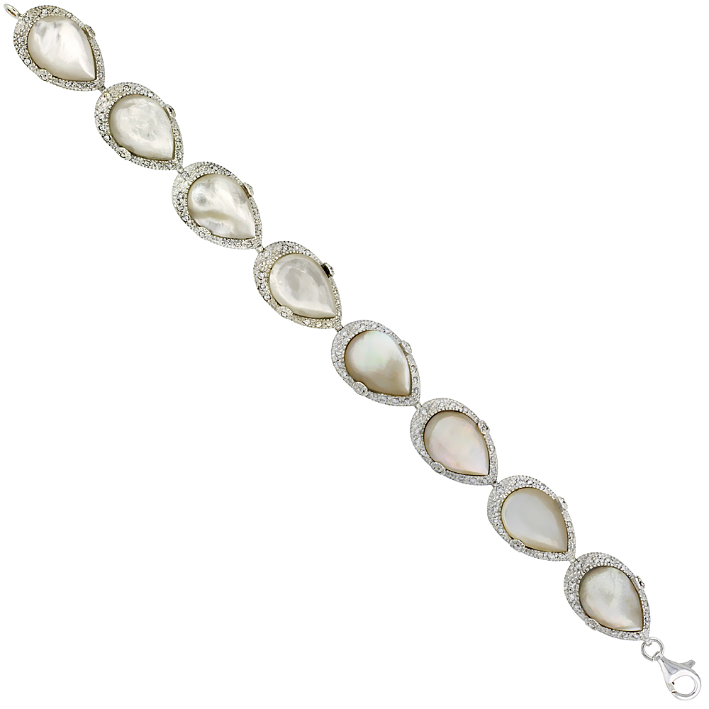Sterling Silver Teardrop Link Bracelet Pear Cut 16x12mm White Resin Inlay &amp; Cubic Zirconia Stones, 5/8 inch wide