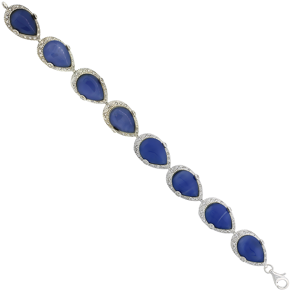 Sterling Silver Teardrop Link Bracelet Pear Cut 16x12mm Blue Resin Inlay &amp; Cubic Zirconia Stones, 5/8 inch wide 