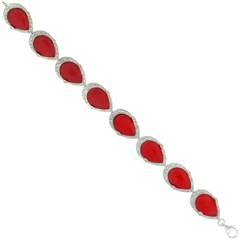 Sterling Silver Teardrop Link Bracelet Pear Cut 16x12mm Red Resin Inlay &amp; Cubic Zirconia Stones, 5/8 inch wide 