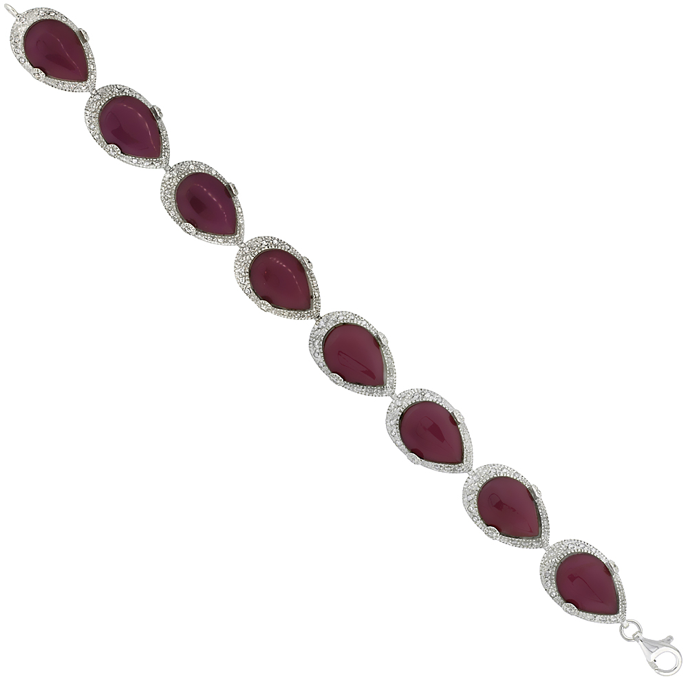 Sterling Silver Teardrop Link Bracelet Pear Cut 16x12mm Purple Resin Inlay & Cubic Zirconia Stones, 5/8 inch wide 
