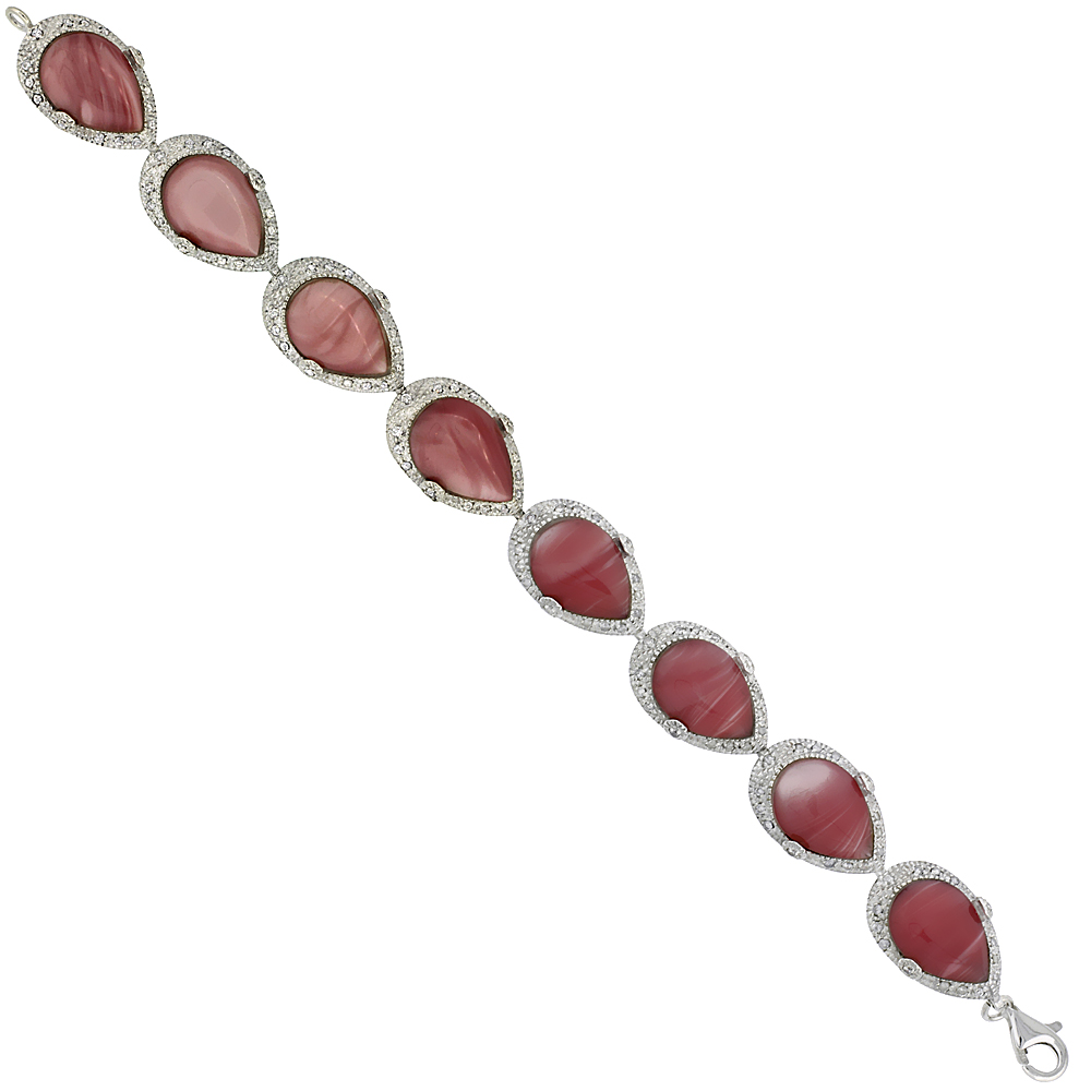 Sterling Silver Teardrop Link Bracelet Pear Cut 16x12mm Pink Resin Inlay & Cubic Zirconia Stones, 5/8 inch wide