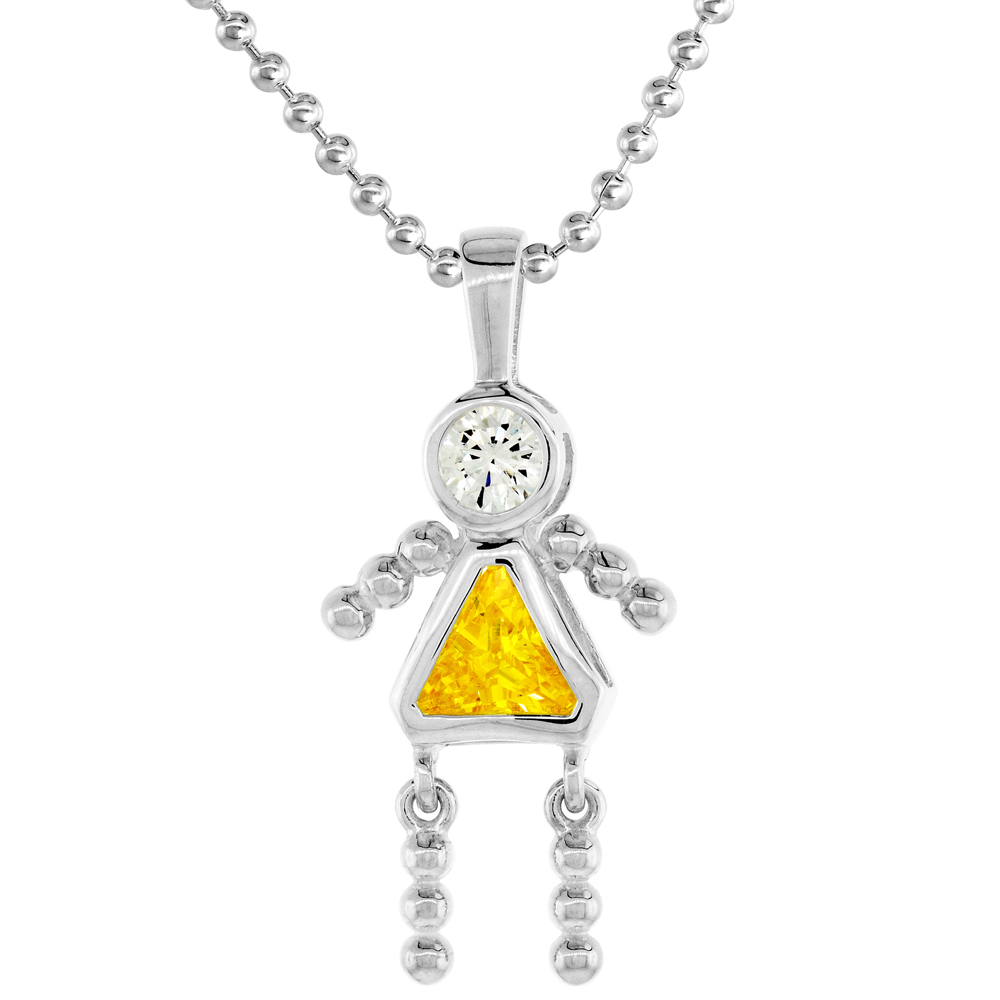 Sterling Silver Birthstone Necklace November Baby Brat Girl Citrine Color Cubic Zirconia, 1.5 mm Chain
