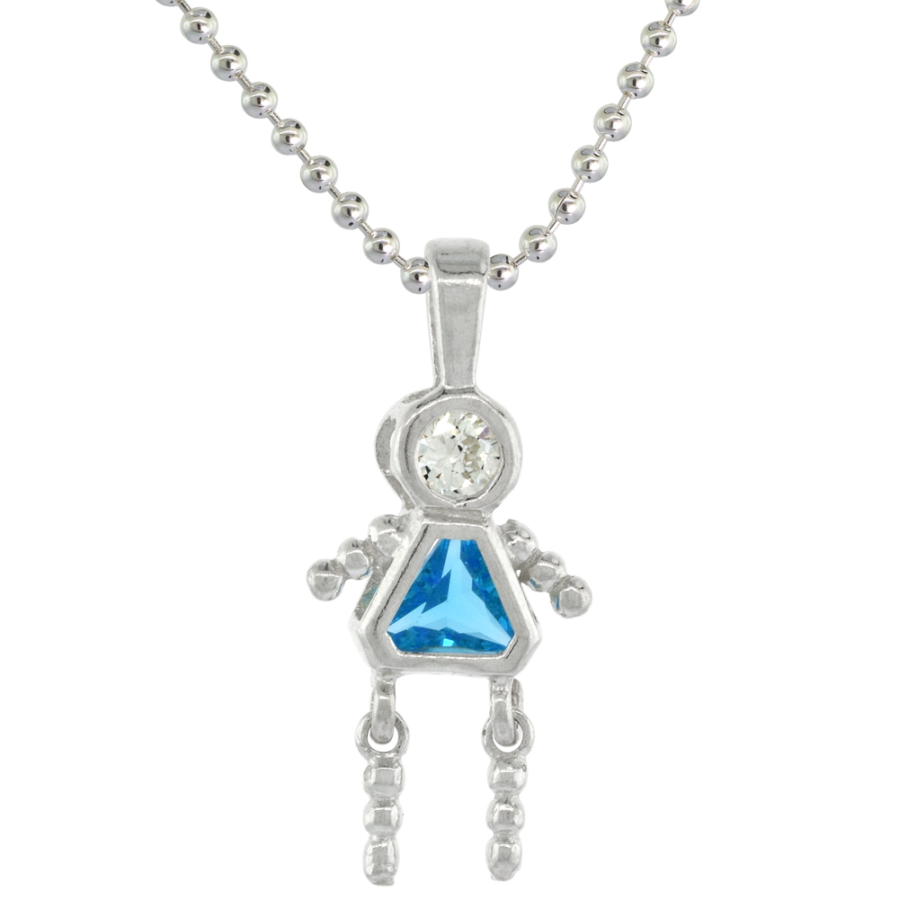 Sterling Silver Birthstone Necklace December Baby Brat Girl Blue Topaz Color Cubic Zirconia, 1.5 mm Chain
