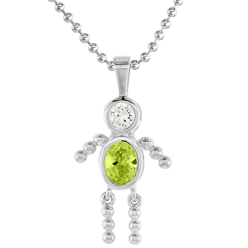 Sterling Silver Birthstone Necklace August Baby Brat Boy Peridot Color Cubic Zirconia, 1.5 mm Chain