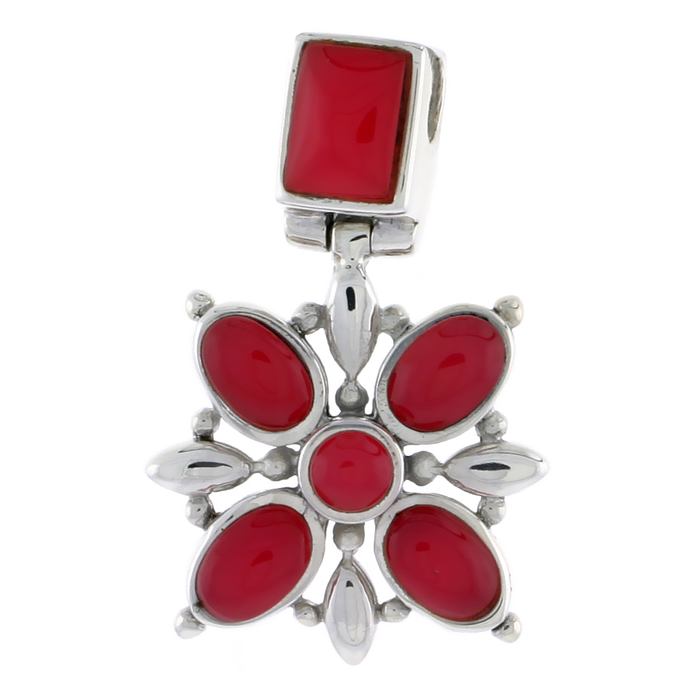 Sterling Silver Flower Pendant, w/ 8 x 6 mm Rectangular, 4mm Round & Four 7 x 5 mm Oval-shaped Red Resin, 13/16" (21 mm) tall