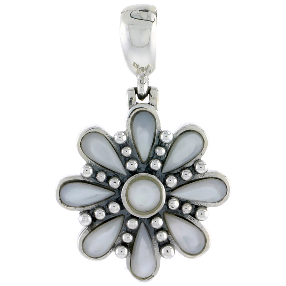 Sterling Silver Oxidized Flower Pendant, w/ 4mm Round & Eight 6 x 3 mm Pear-shaped Mother of Pearls, 7/8" (22 mm) tall