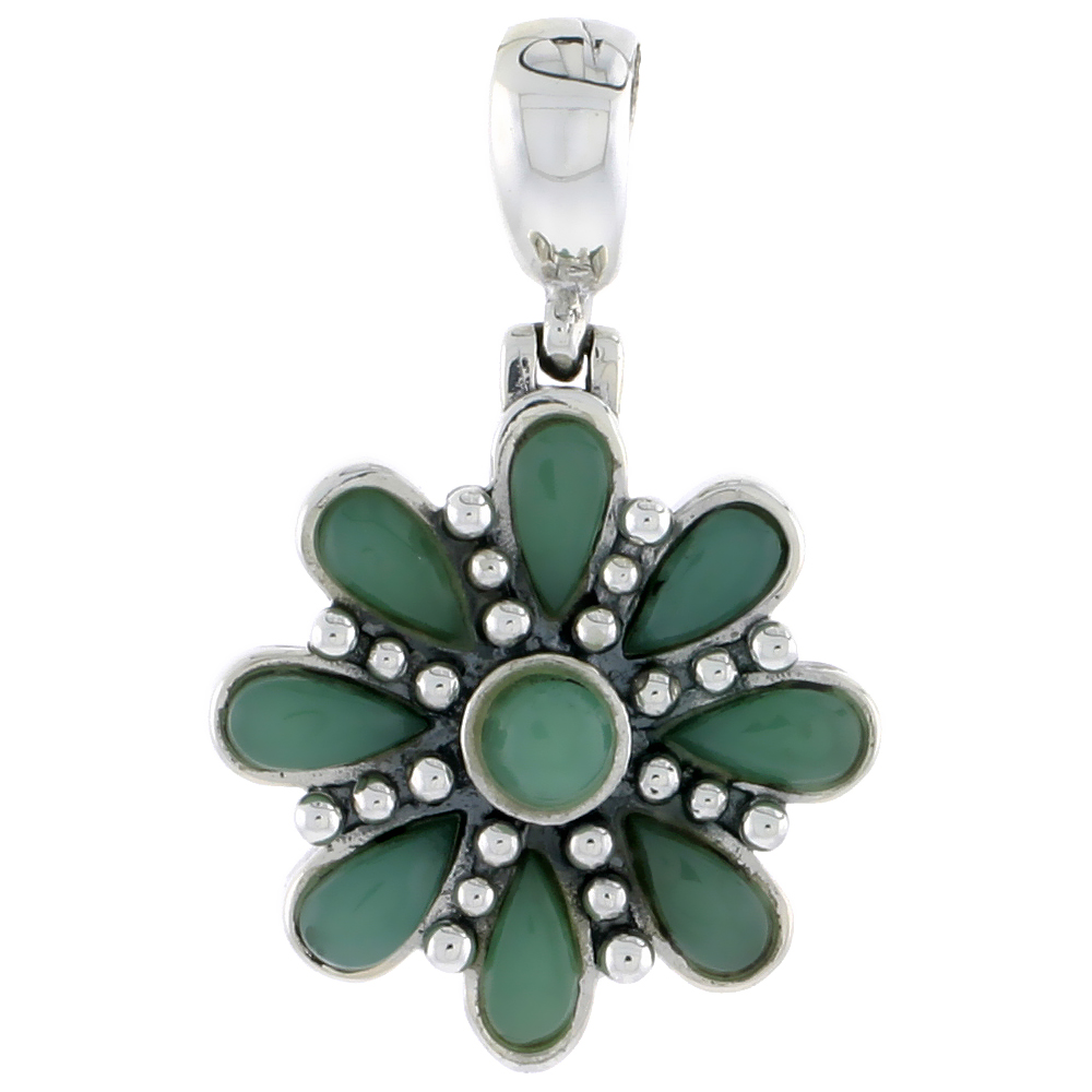 Sterling Silver Oxidized Flower Pendant, w/ 4mm Round & Eight 6 x 3 mm Pear-shaped Green Resin, 7/8" (22 mm) tall