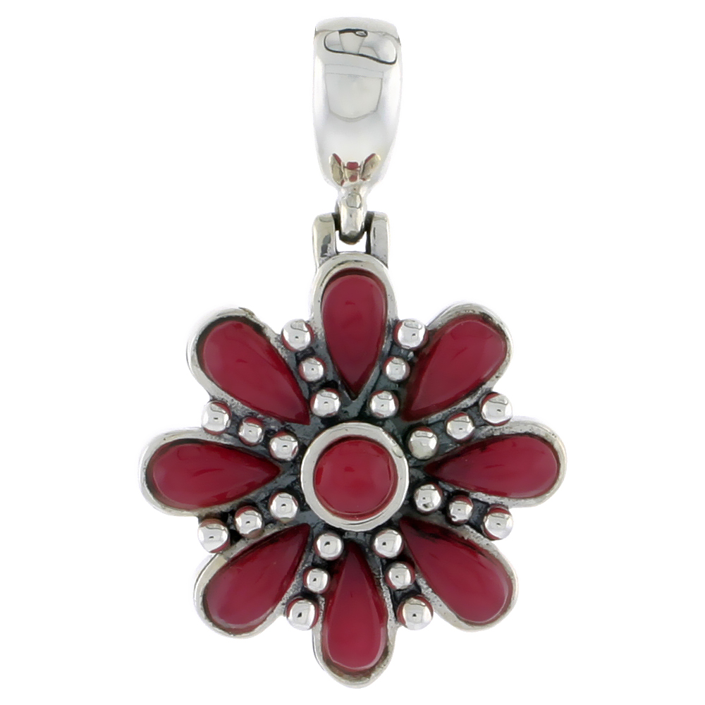 Sterling Silver Oxidized Flower Pendant, w/ 4mm Round & Eight 6 x 3 mm Pear-shaped Red Resin, 7/8" (22 mm) tall