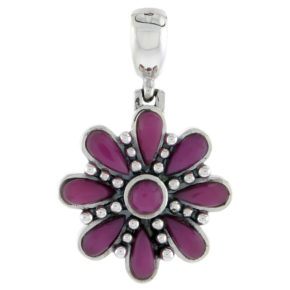 Sterling Silver Oxidized Flower Pendant, w/ 4mm Round & Eight 6 x 3 mm Pear-shaped Purple Resin, 7/8" (22 mm) tall