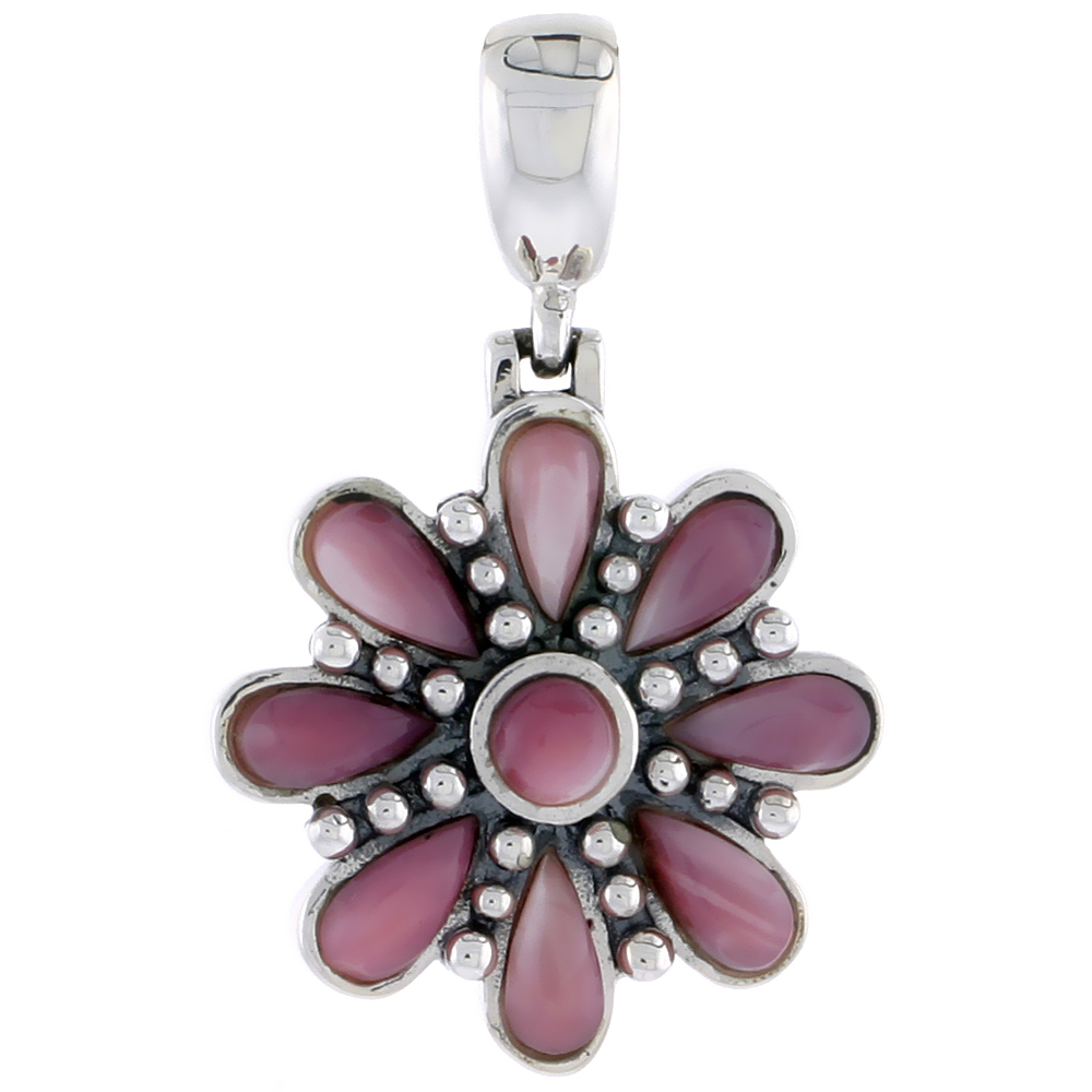 Sterling Silver Oxidized Flower Pendant, w/ 4mm Round & Eight 6 x 3 mm Pear-shaped Pink Mother of Pearls, 7/8" (22 mm) tall