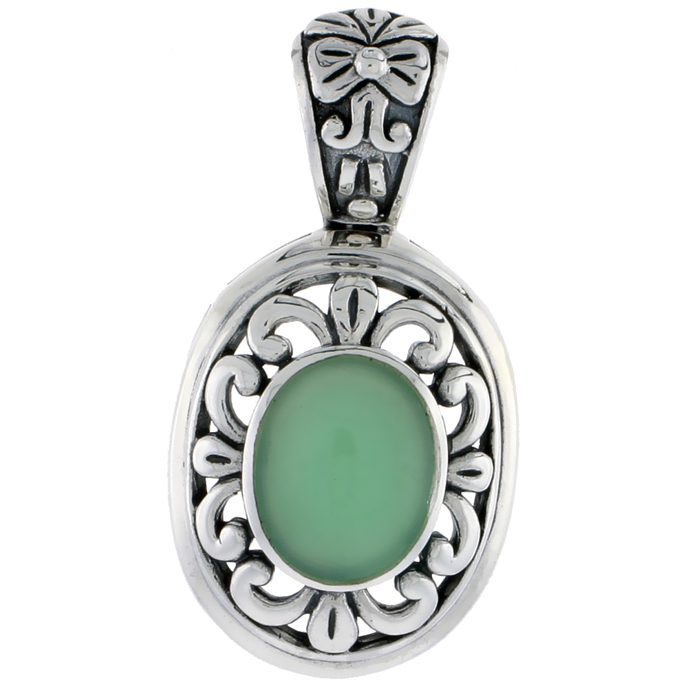 Sterling Silver Oxidized Pendant, w/ 12 x 10 mm Oval-shaped Green Resin, 1 1/2" (38 mm) tall