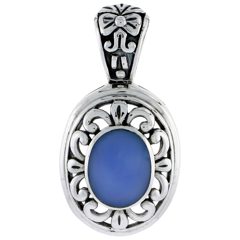 Sterling Silver Oxidized Pendant, w/ 12 x 10 mm Oval-shaped Blue Resin, 1 1/2" (38 mm) tall