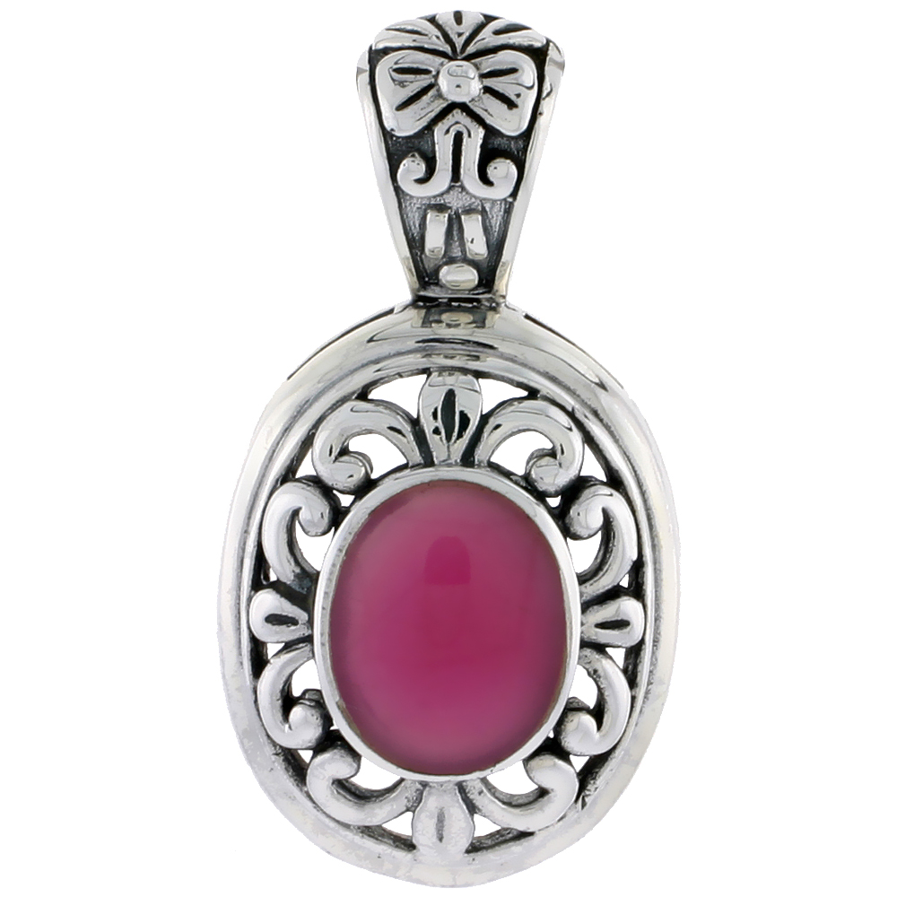 Sterling Silver Oxidized Pendant, w/ 12 x 10 mm Oval-shaped Purple Resin, 1 1/2" (38 mm) tall