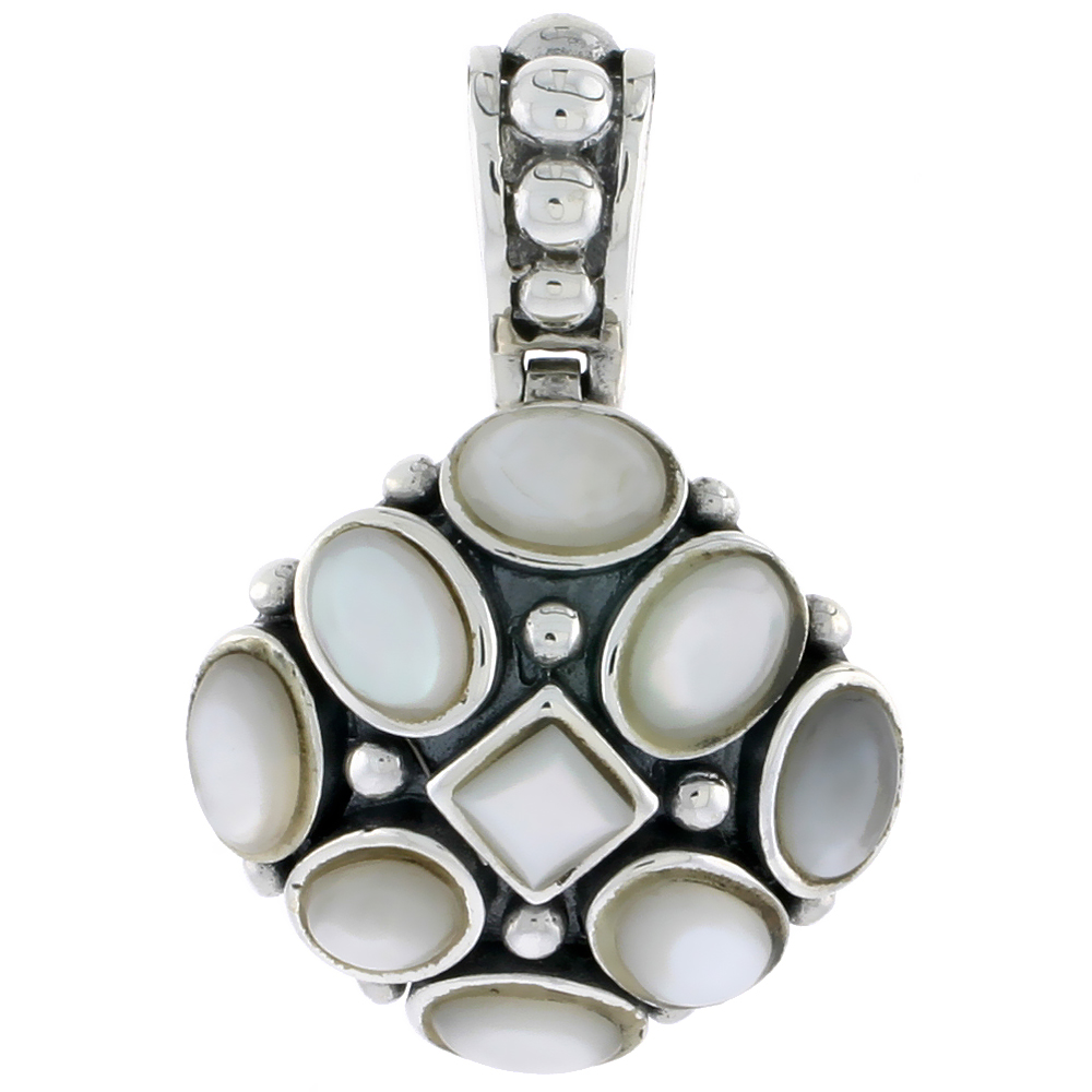 Sterling Silver Oxidized Pendant, w/ 5mm Square & Eight 7 x 5 mm Oval-shaped Mother of Pearls, 15/16" (24 mm) tall
