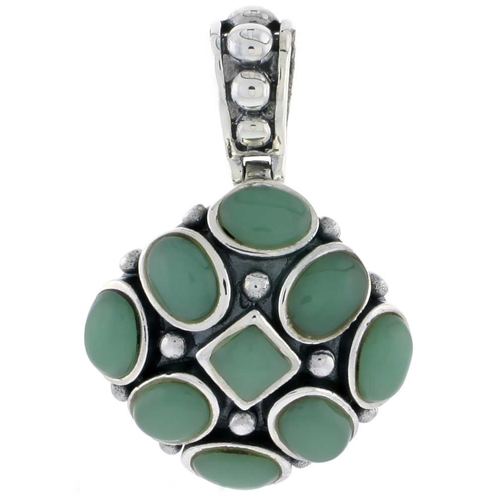 Sterling Silver Oxidized Pendant, w/ 5mm Square &amp; Eight 7 x 5 mm Oval-shaped Green Resin, 15/16&quot; (24 mm) tall