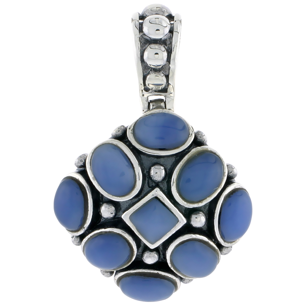 Sterling Silver Oxidized Pendant, w/ 5mm Square & Eight 7 x 5 mm Oval-shaped Blue Resin, 15/16" (24 mm) tall