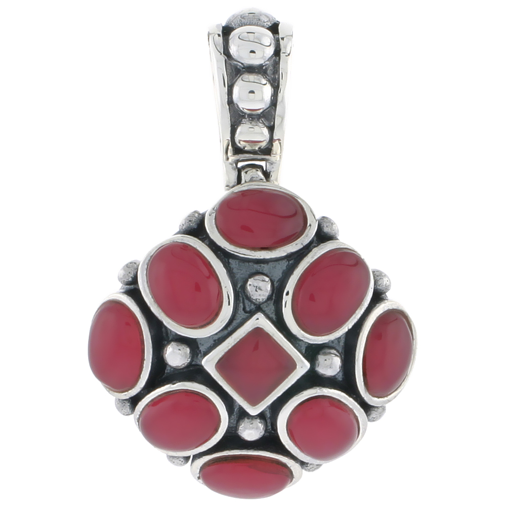 Sterling Silver Oxidized Pendant, w/ 5mm Square &amp; Eight 7 x 5 mm Oval-shaped Red Resin, 15/16&quot; (24 mm) tall