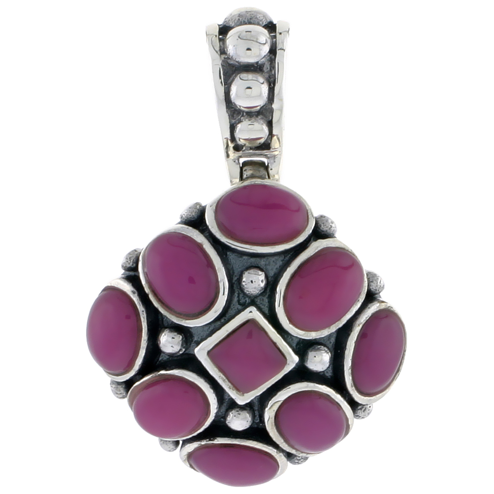 Sterling Silver Oxidized Pendant, w/ 5mm Square &amp; Eight 7 x 5 mm Oval-shaped Purple Resin, 15/16&quot; (24 mm) tall