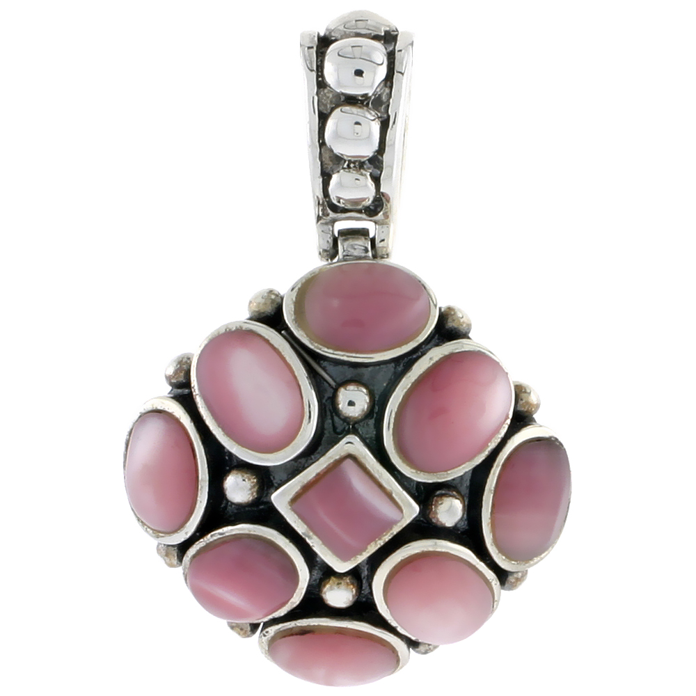 Sterling Silver Oxidized Pendant, w/ 5mm Square &amp; Eight 7 x 5 mm Oval-shaped Pink Mother of Pearls, 15/16&quot; (24 mm) tall