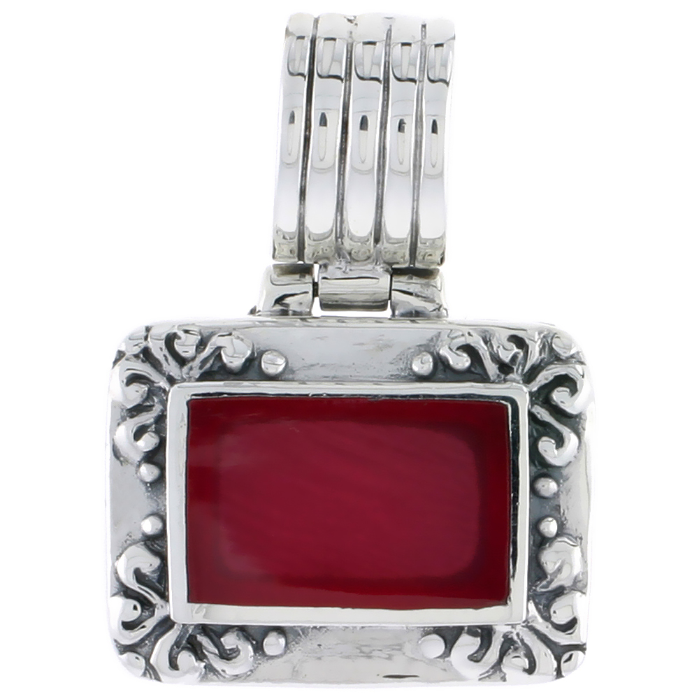 Sterling Silver Oxidized Pendant, w/ 14 x 10 Rectangular Red Resin, 5/8&quot; (17 mm) tall