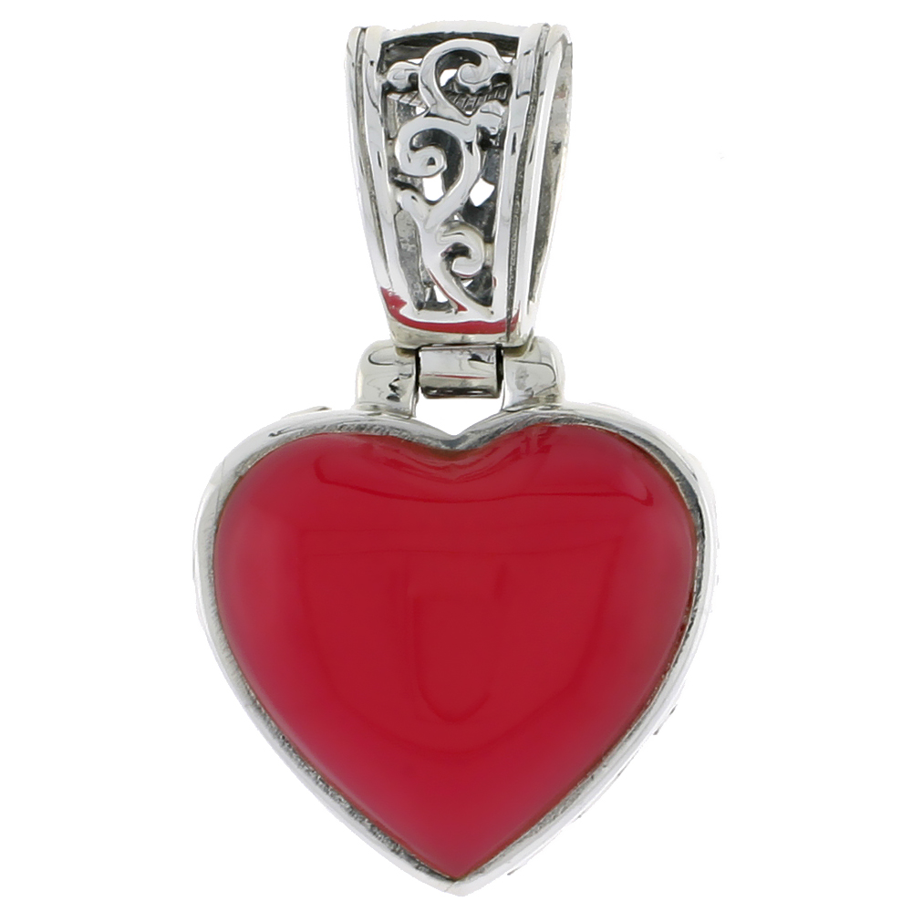 Sterling Silver Oxidized Heart Pendant in Red Resin, 13/16" (20 mm) tall