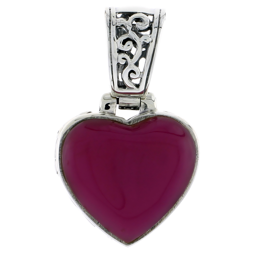 Sterling Silver Oxidized Heart Pendant in Purple Resin, 13/16" (20 mm) tall