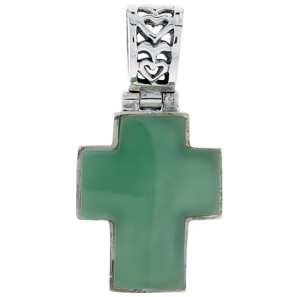 Sterling Silver Cross Pendant in Green Resin, 1 inch (26 mm) tall