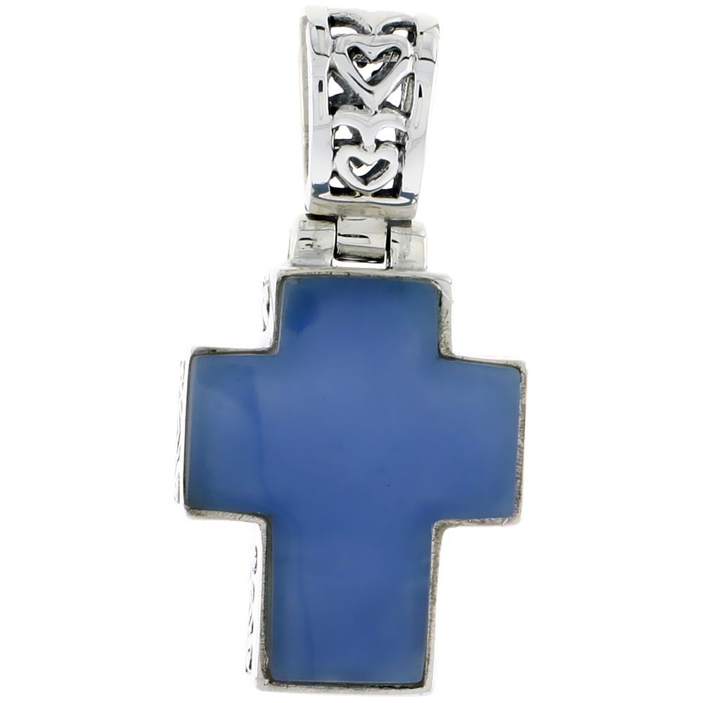 Sterling Silver Cross Pendant in Blue Resin, 1 inch (26 mm) tall
