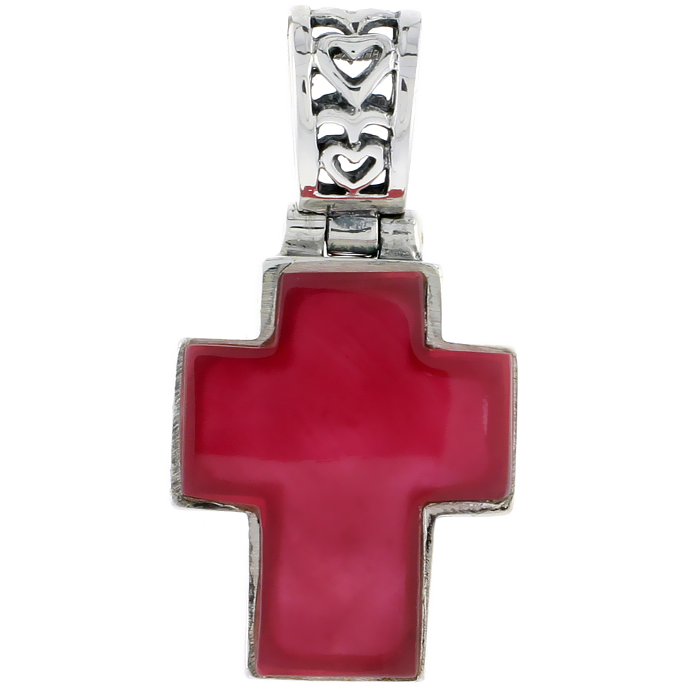 Sterling Silver Cross Pendant in Red Resin, 1 inch (26 mm) tall