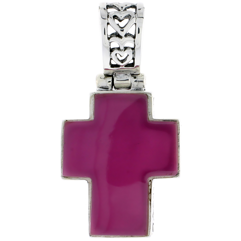 Sterling Silver Cross Pendant in Purple Resin, 1 inch (26 mm) tall