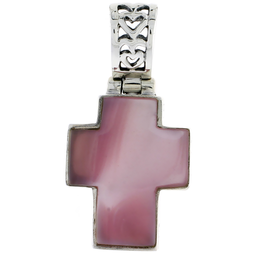 Sterling Silver Cross Pendant in Pink Mother of Pearl, 1 inch (26 mm) tall