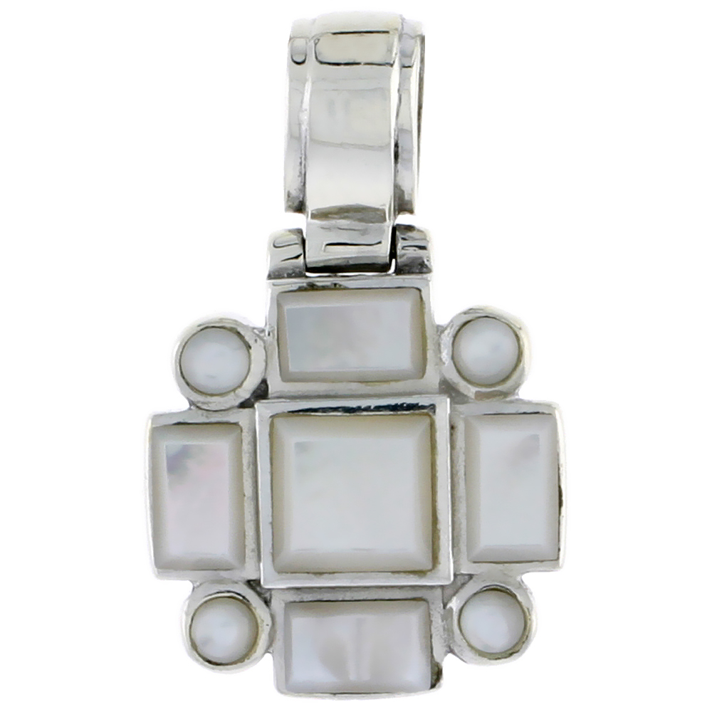 Sterling Silver Pendant, w/ 7mm Square, Four 3mm Round &amp; Four 6 x 4 mm Rectangular Mother of Pearls, 11/16&quot; (28 mm) tall