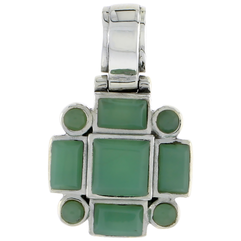Sterling Silver Pendant, w/ 7mm Square, Four 3mm Round & Four 6 x 4 mm Rectangular Green Resin, 11/16" (28 mm) tall