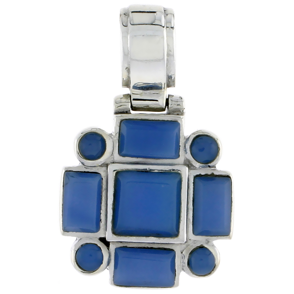 Sterling Silver Pendant, w/ 7mm Square, Four 3mm Round &amp; Four 6 x 4 mm Rectangular Blue Resin, 11/16&quot; (28 mm) tall