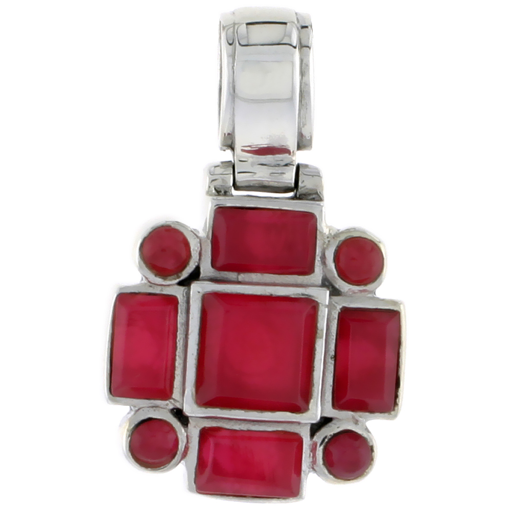Sterling Silver Pendant, w/ 7mm Square, Four 3mm Round & Four 6 x 4 mm Rectangular Red Resin, 11/16" (28 mm) tall