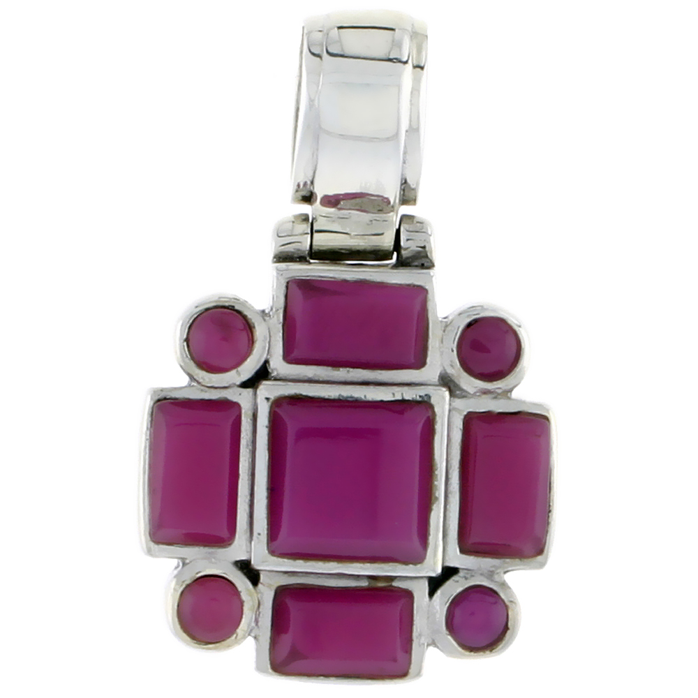 Sterling Silver Pendant, w/ 7mm Square, Four 3mm Round &amp; Four 6 x 4 mm Rectangular Purple Resin, 11/16&quot; (28 mm) tall