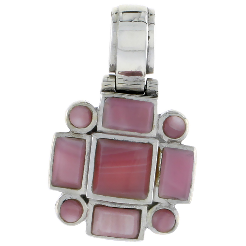 Sterling Silver Pendant, w/ 7mm Square, Four 3mm Round &amp; Four 6 x 4 mm Rectangular Pink Mother of Pearls, 11/16&quot; (28 mm) tall