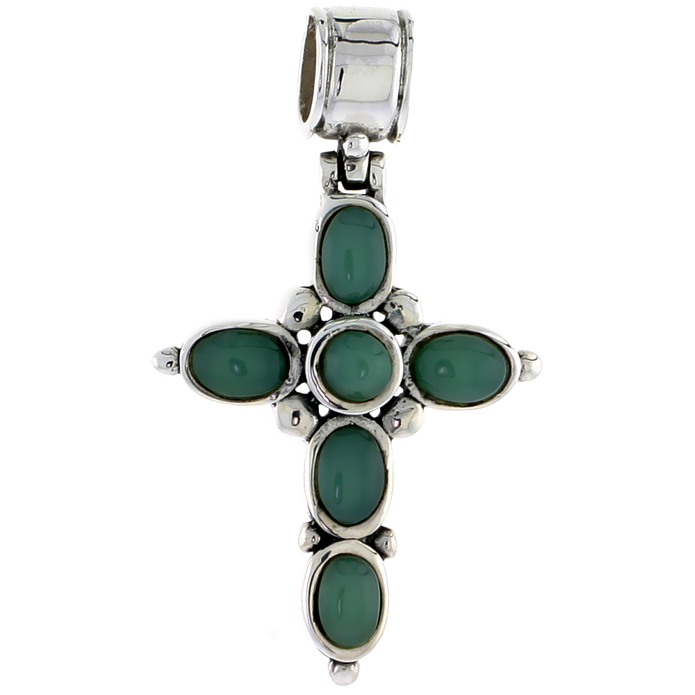 Sterling Silver Oxidized Cross Pendant, w/ 4mm Round & Five 5 x 4 mm Oval-shaped Green Resin, 1 1/16" (28 mm) tall